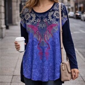Nanette Lepore L’amour Floral Tunic Knit Top | Blue Pink | XL